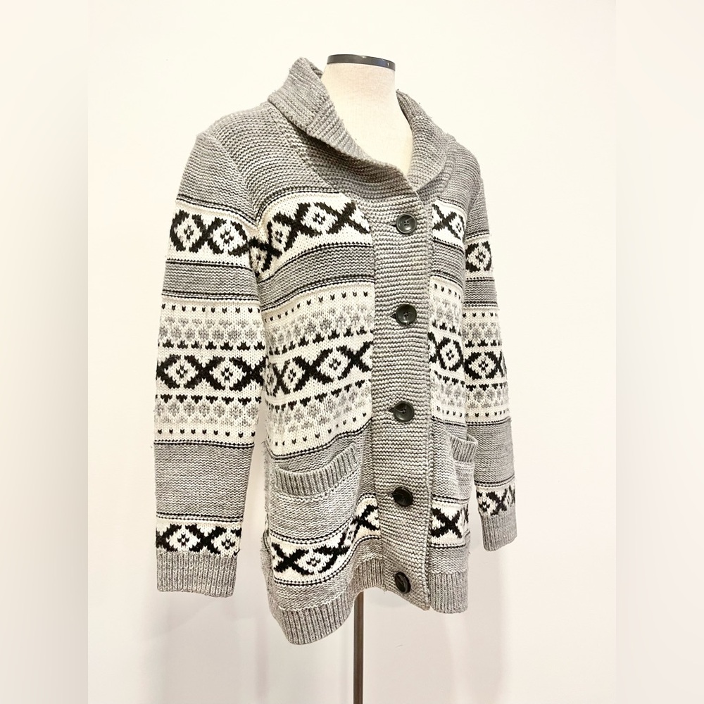 Vintage-Inspired Fair Isle Shawl Cardigan Cozy Rustic Winter Sweater Oversized - Picture 3 of 8